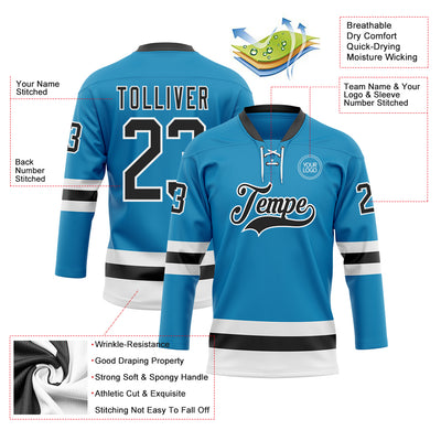 Custom Panther Blue Black-White Hockey Lace Neck Jersey