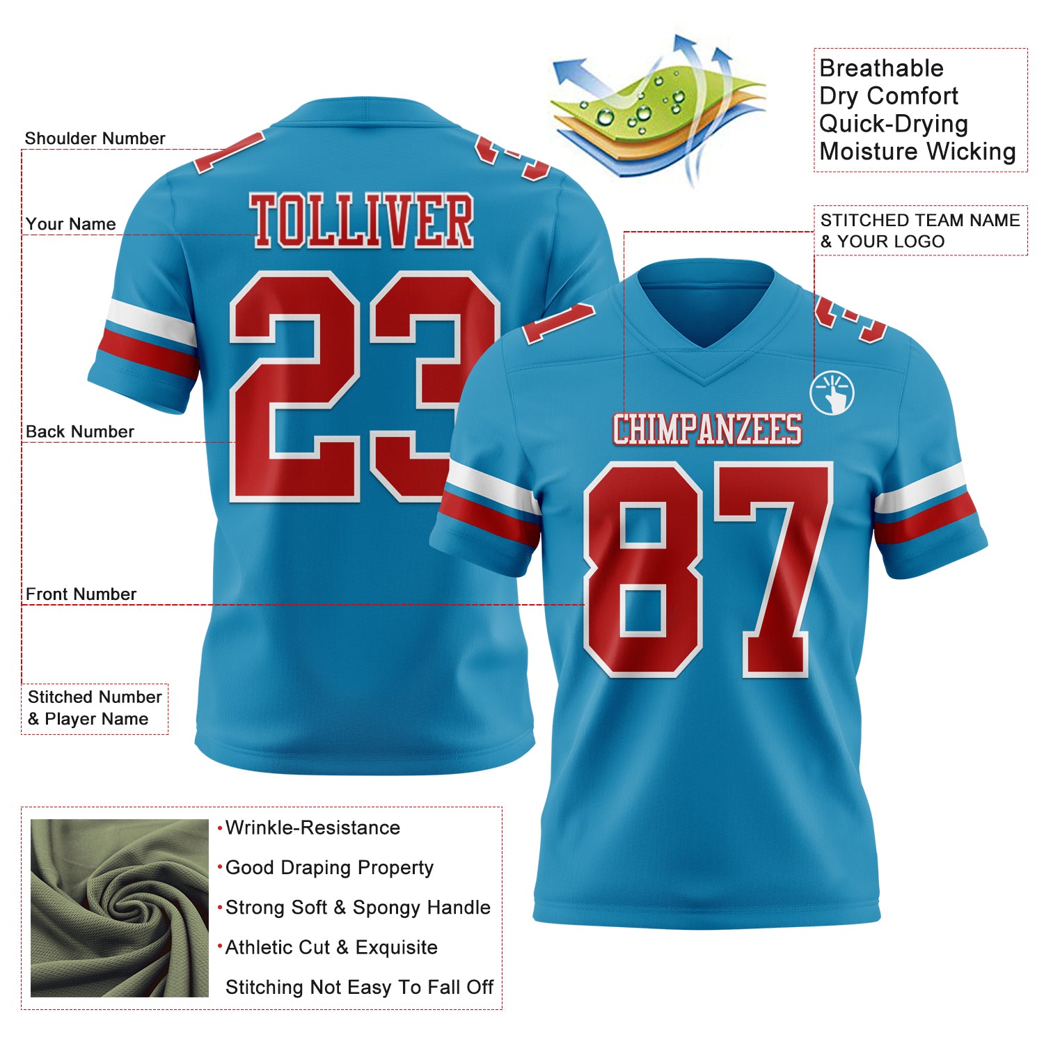 Custom Panther Blue Red-White Authentic Football Jersey