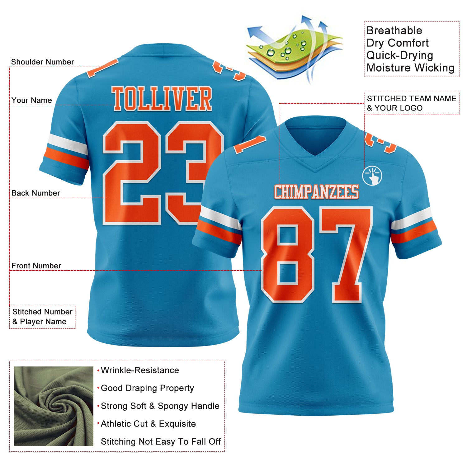Custom Panther Blue Orange-White Authentic Football Jersey