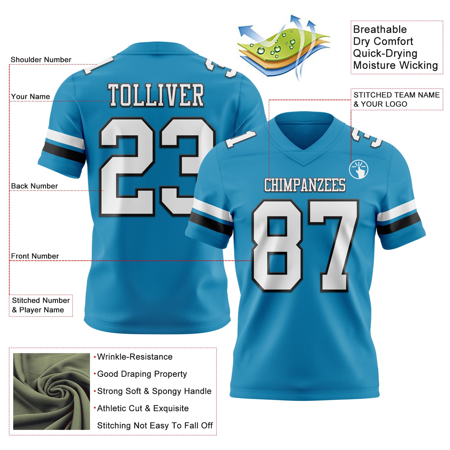 Custom Panther Blue White-Black Authentic Football Jersey