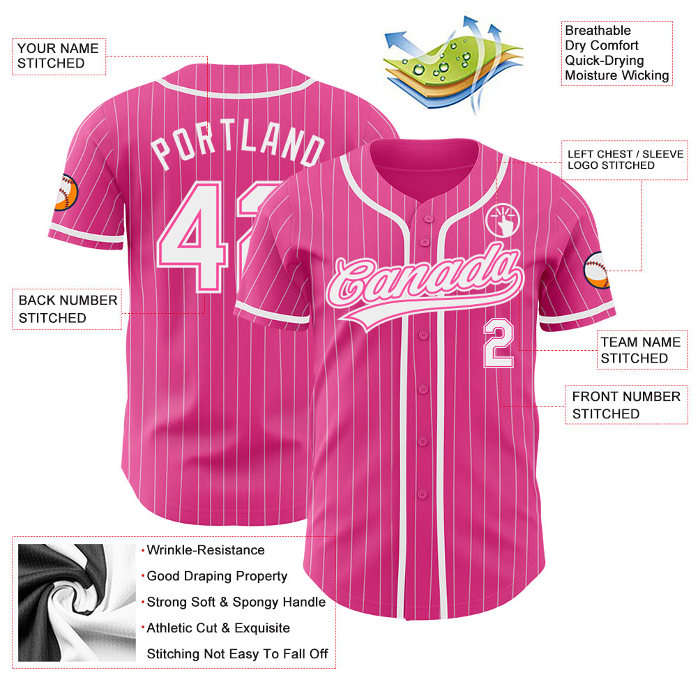 Custom Pink White Pinstripe White Authentic Baseball Jersey