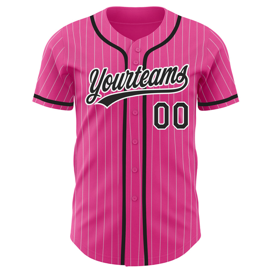 Custom Pink White Pinstripe Black Authentic Baseball Jersey