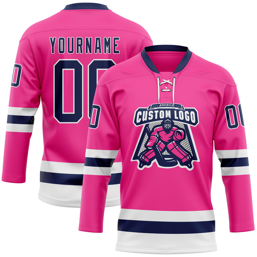 Custom Pink Navy-White Hockey Lace Neck Jersey