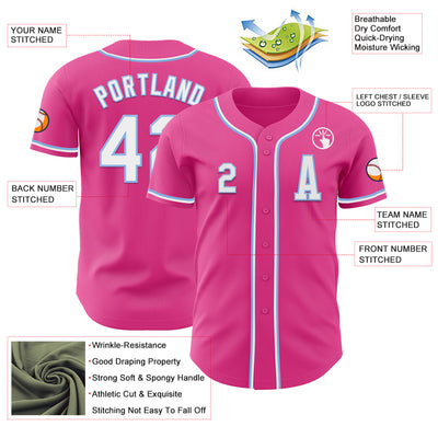 Custom Pink White-Light Blue Authentic Baseball Jersey