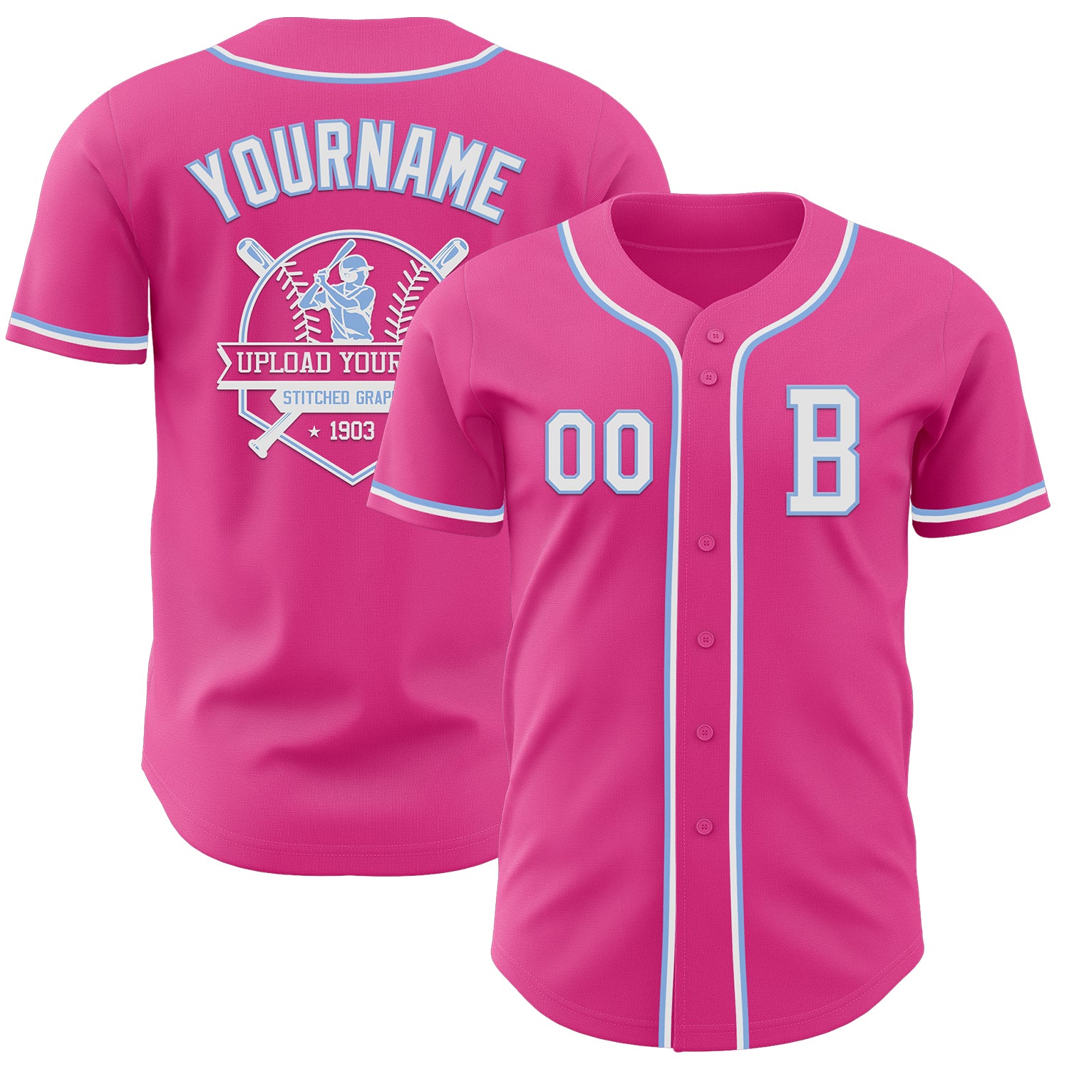 Custom Pink White-Light Blue Authentic Baseball Jersey