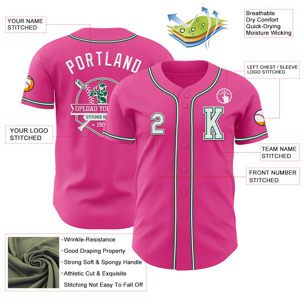 Custom Pink White-Kelly Green Authentic Baseball Jersey