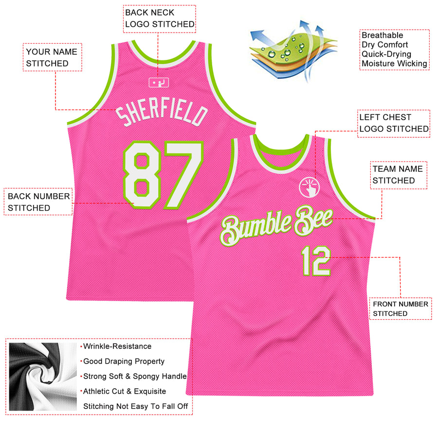 Custom Pink White-Neon Green Authentic Throwback Basketball Jersey