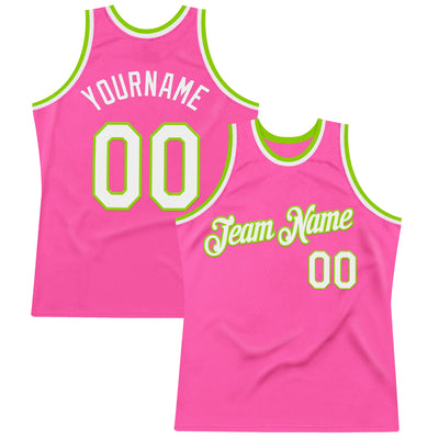 Custom Pink White-Neon Green Authentic Throwback Basketball Jersey