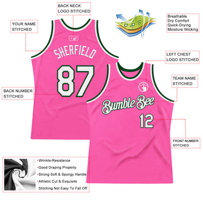 Custom Pink White-Green Authentic Throwback Basketball Jersey