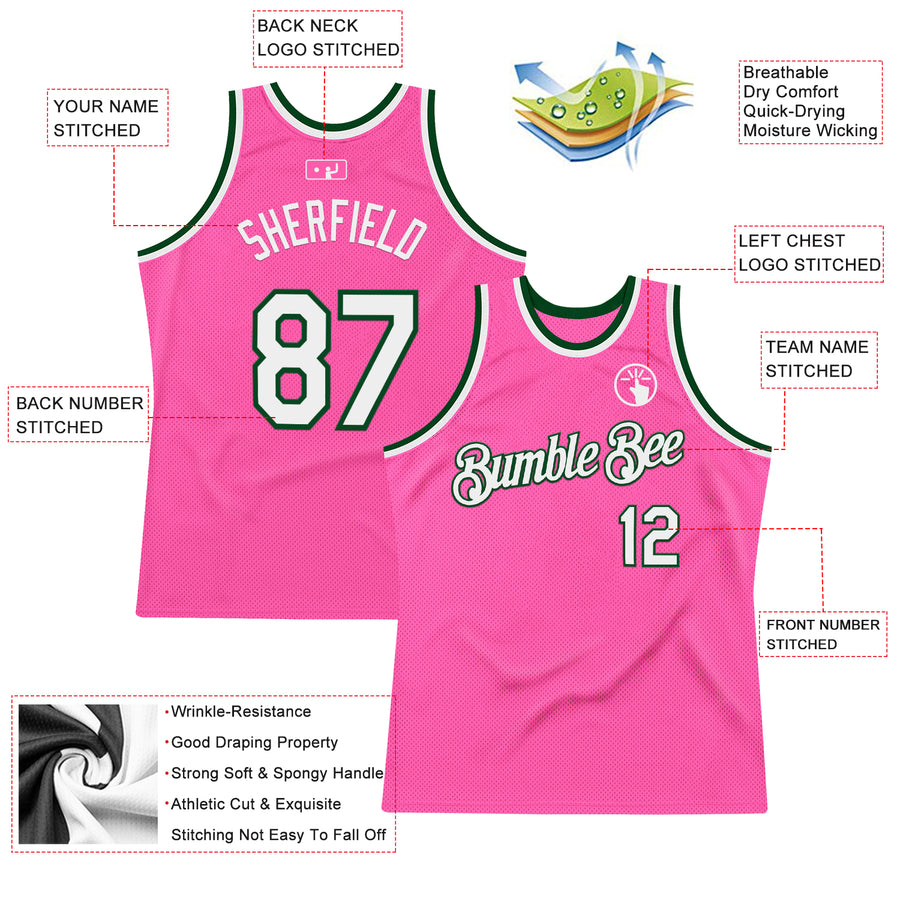 Custom Pink White-Green Authentic Throwback Basketball Jersey