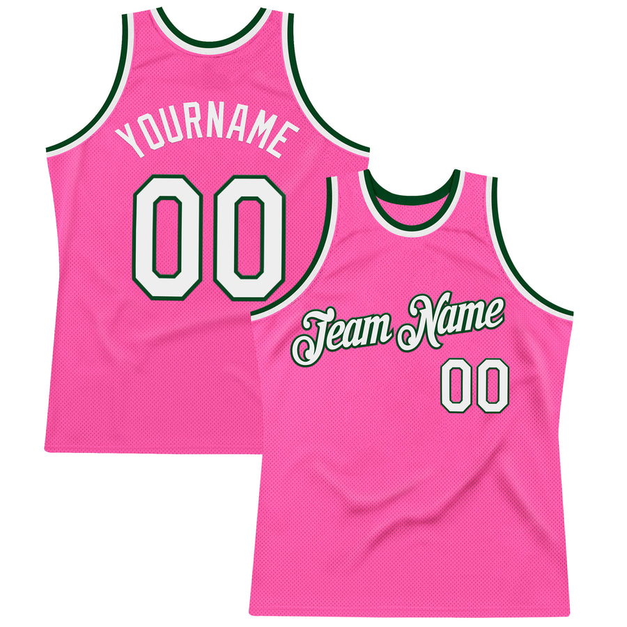 Custom Pink White-Green Authentic Throwback Basketball Jersey