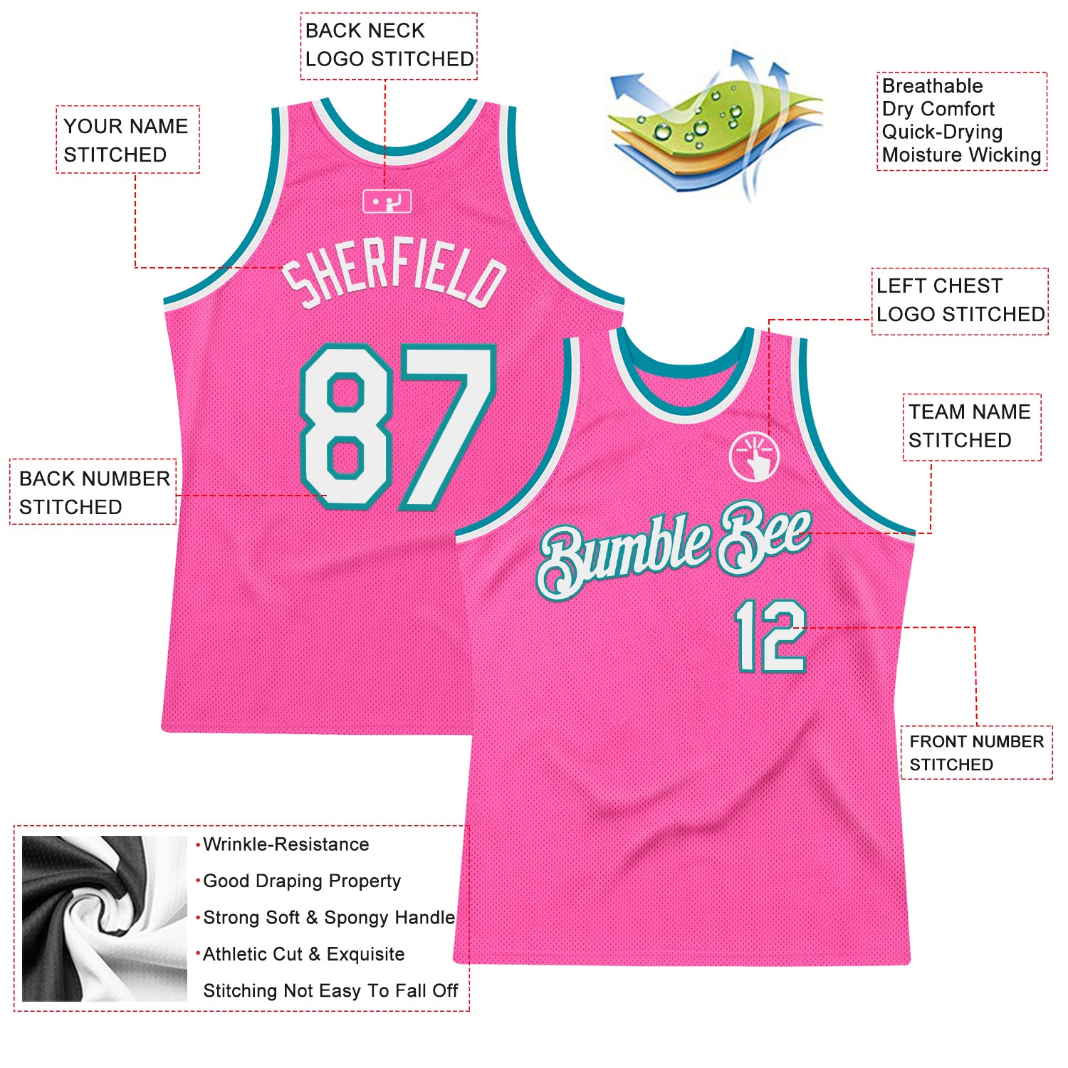 Custom Pink White-Teal Authentic Throwback Basketball Jersey