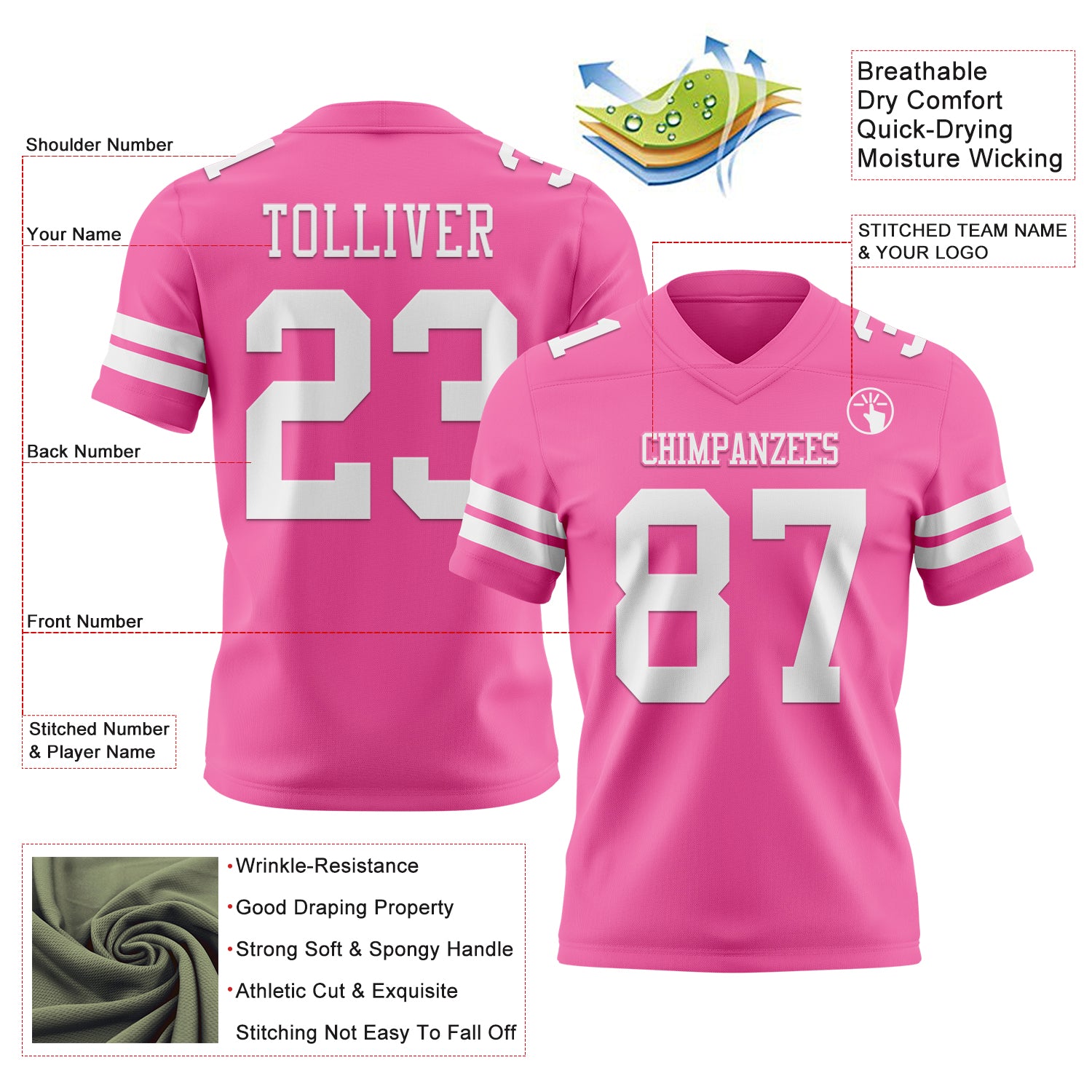 Custom Pink White Authentic Football Jersey