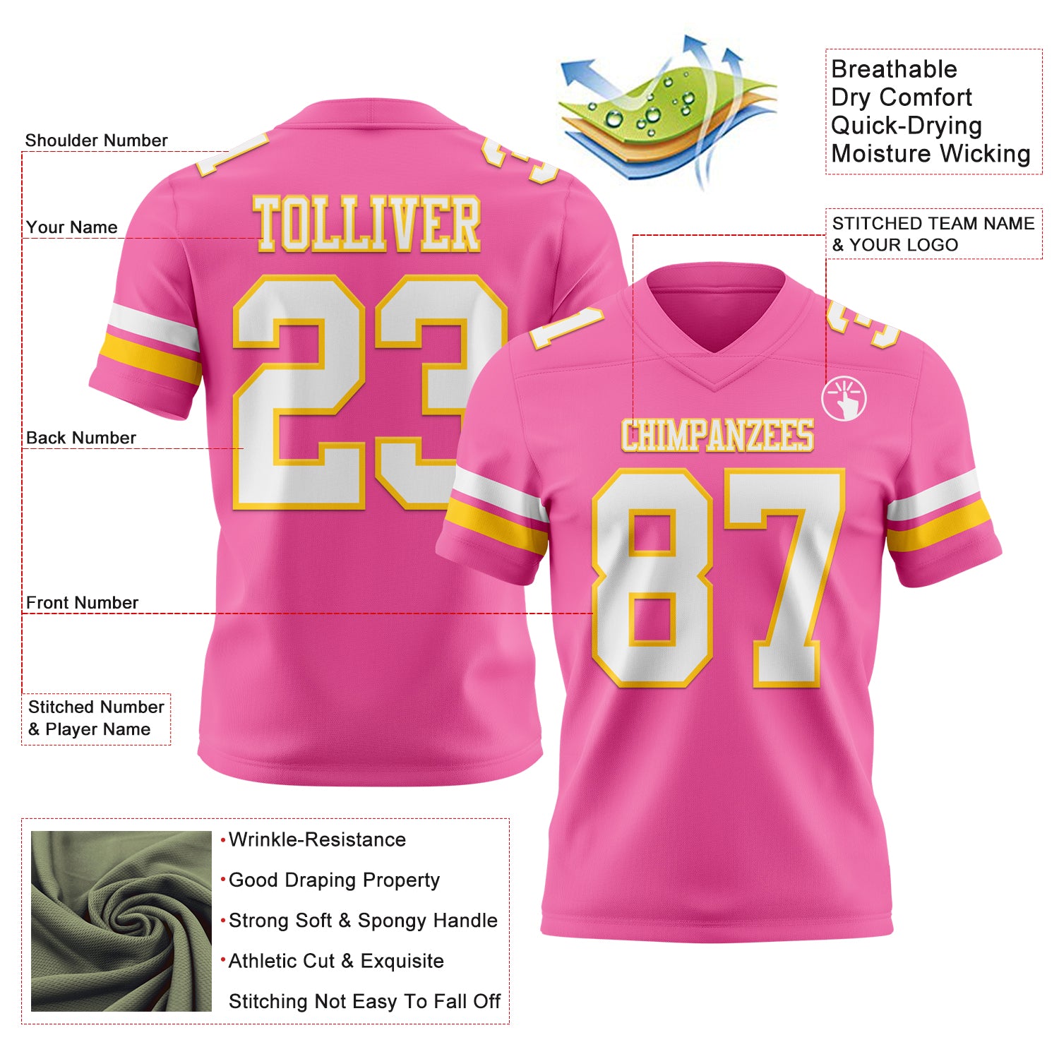 Custom Pink White-Yellow Authentic Football Jersey