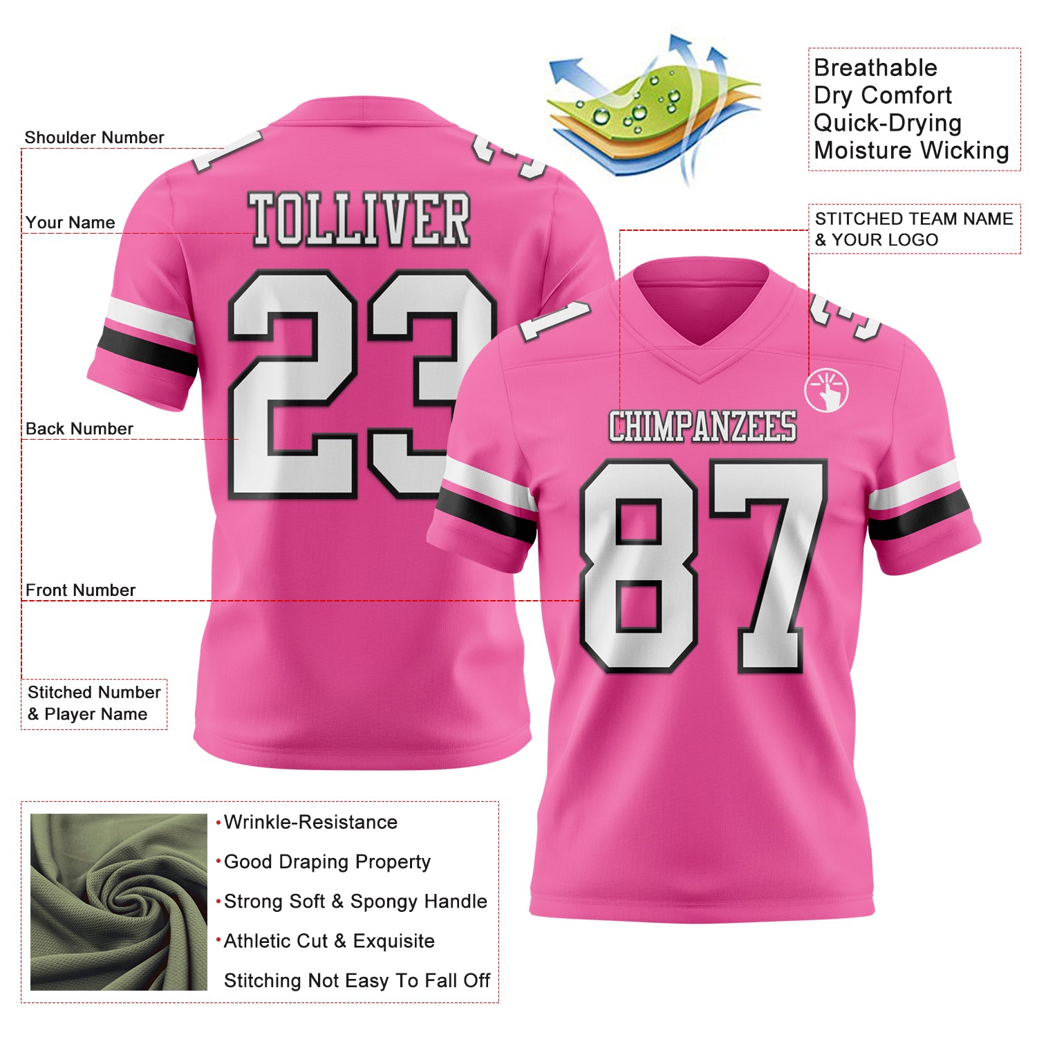 Custom Pink White-Black Authentic Football Jersey