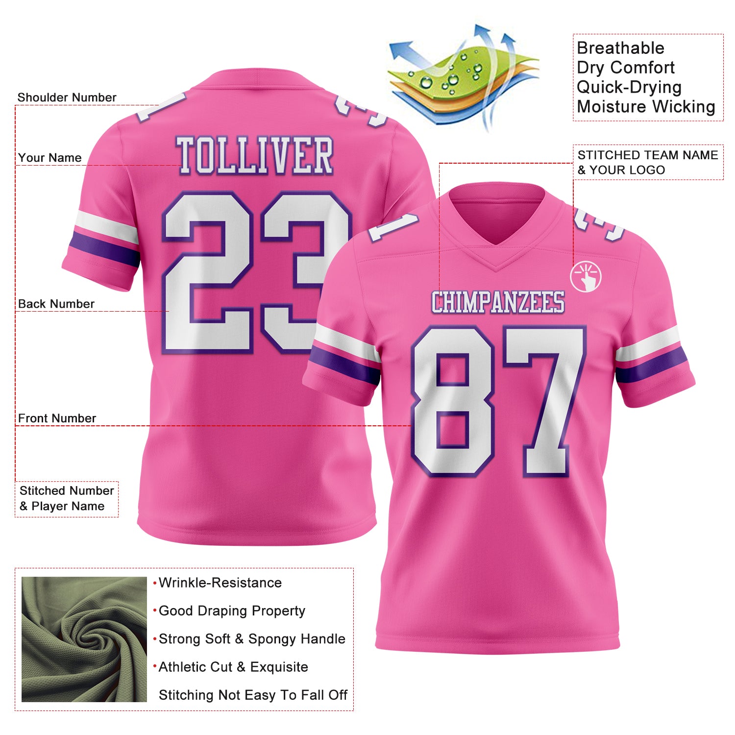 Custom Pink White-Purple Authentic Football Jersey