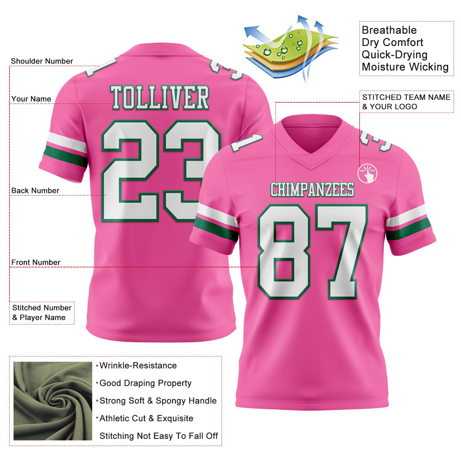 Custom Pink White-Kelly Green Authentic Football Jersey