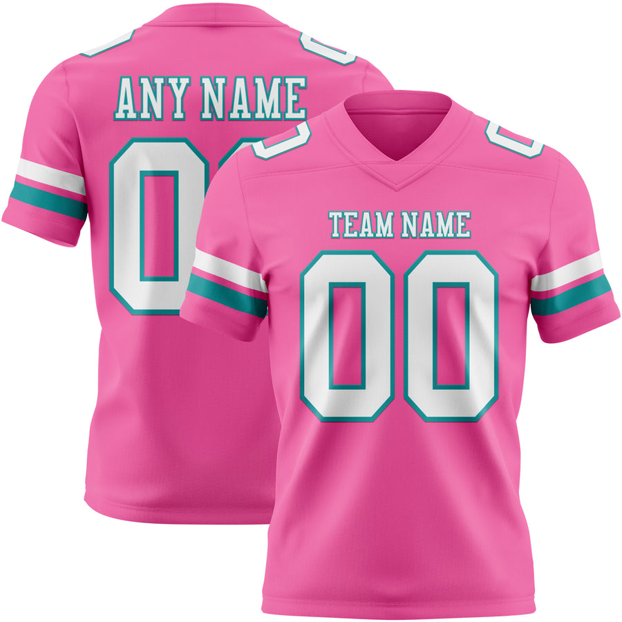 Custom Pink White-Teal Authentic Football Jersey