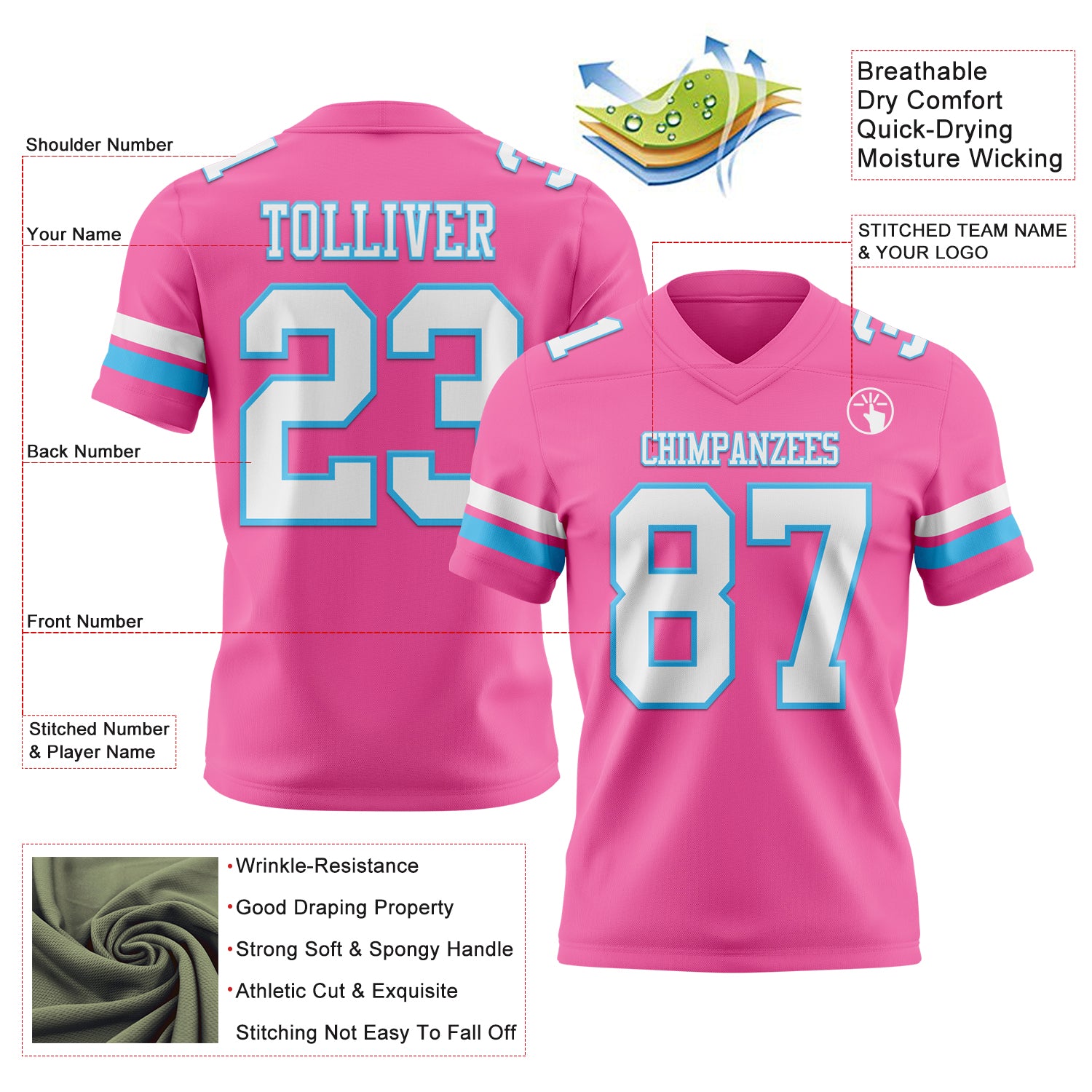 Custom Pink White-Sky Blue Authentic Football Jersey