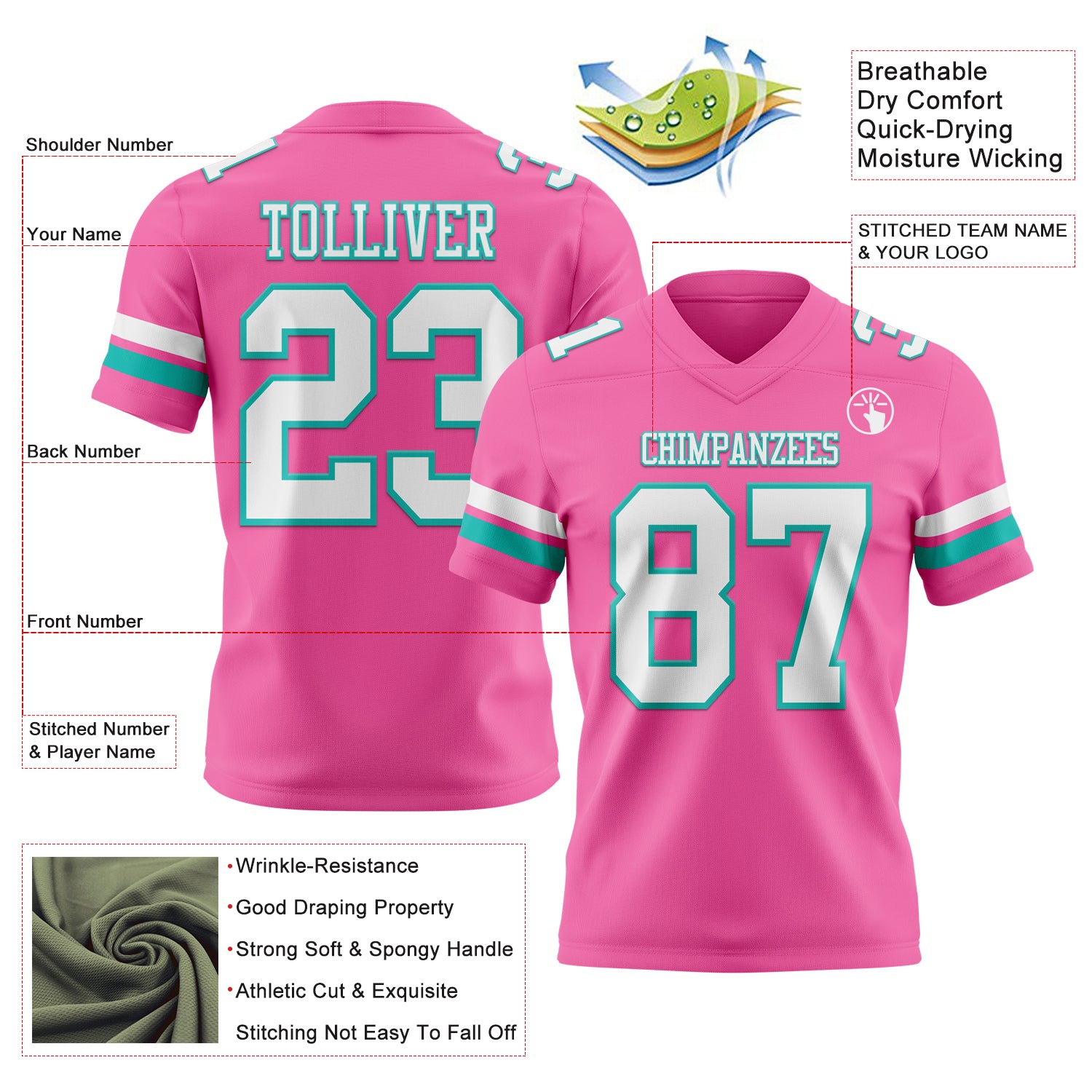 Custom Pink White-Aqua Authentic Football Jersey