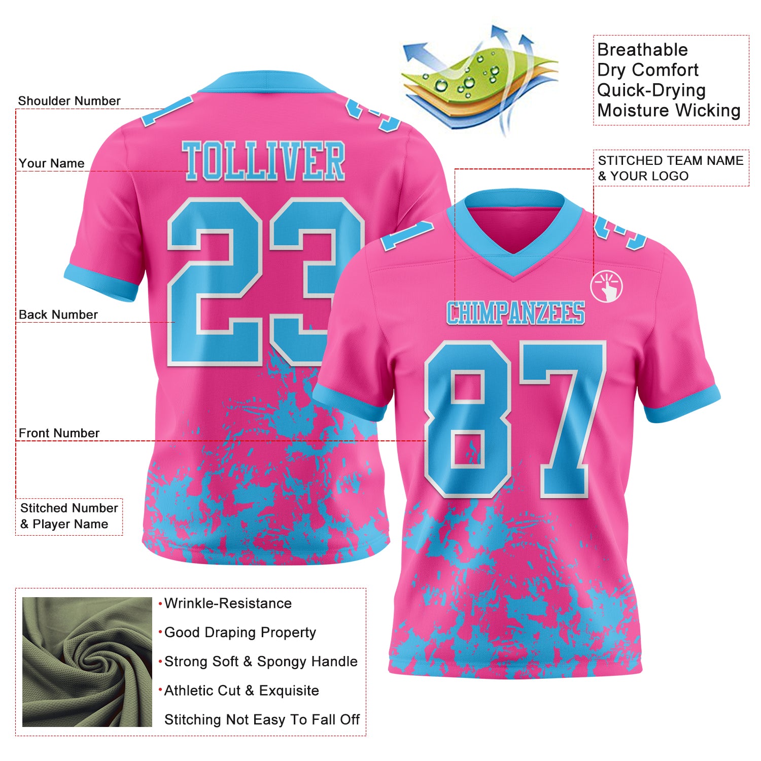 Custom Pink Sky Blue-White 3D Pattern Splash Authentic Football Jersey