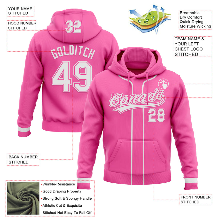 Custom Stitched Pink White-Pink Baseball Pullover Sweatshirt Hoodie