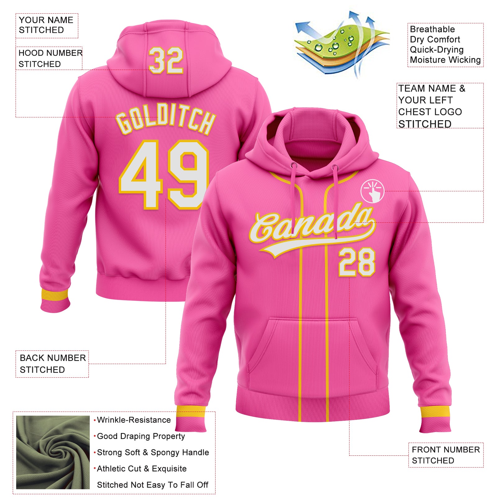 Custom Stitched Pink White-Yellow Baseball Pullover Sweatshirt Hoodie