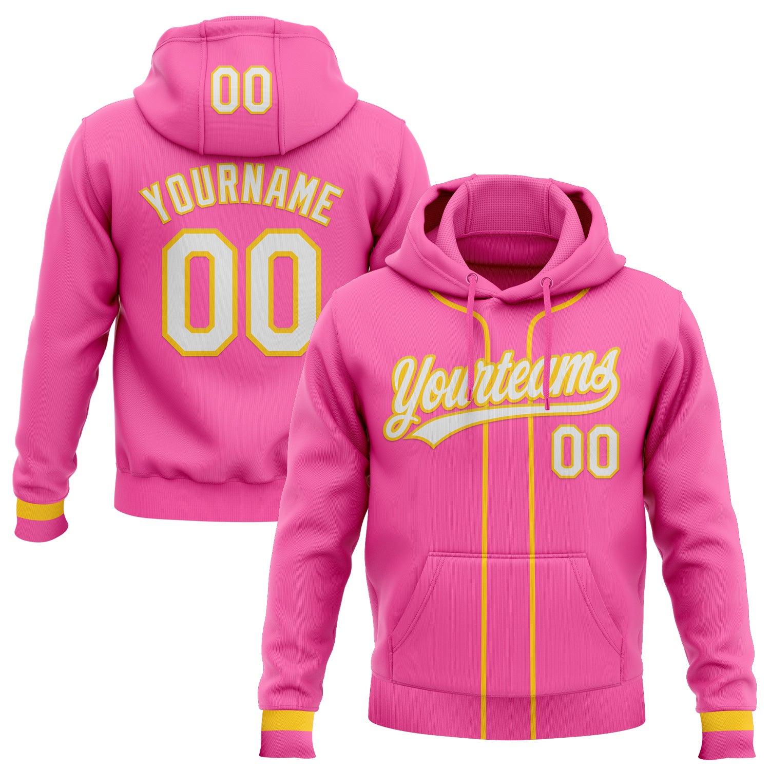 Custom Stitched Pink White-Yellow Baseball Pullover Sweatshirt Hoodie