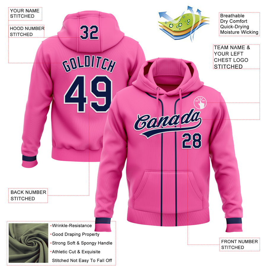 Custom Stitched Pink Navy-White Baseball Pullover Sweatshirt Hoodie
