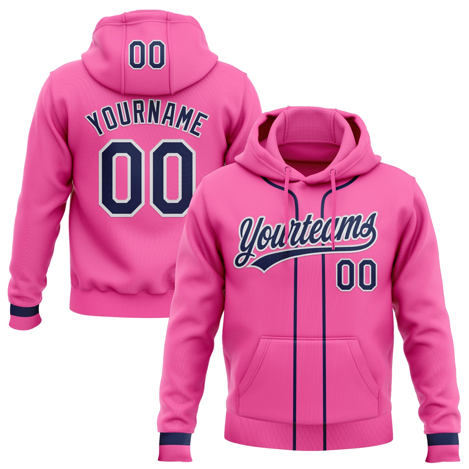 Custom Stitched Pink Navy-White Baseball Pullover Sweatshirt Hoodie