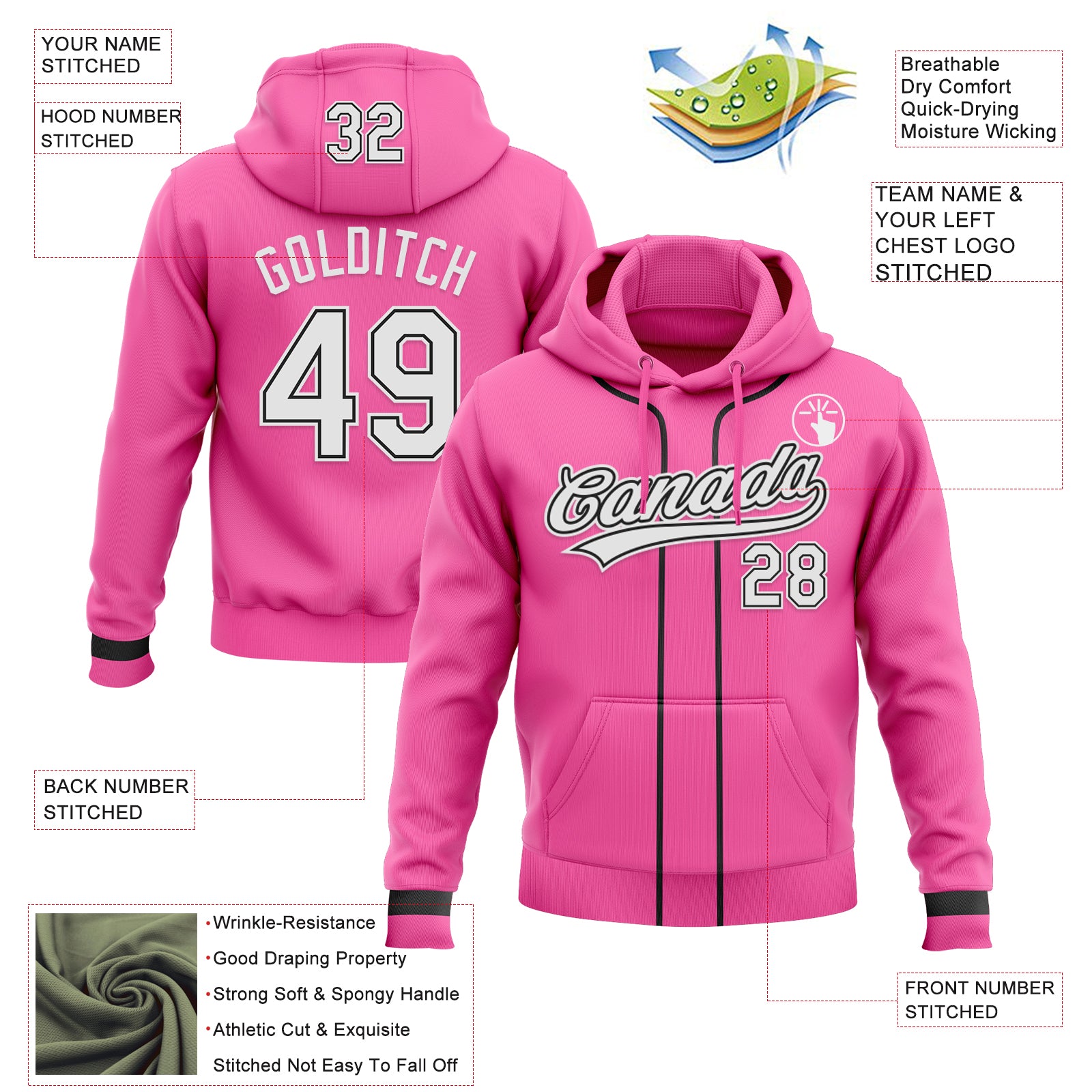 Custom Stitched Pink White-Black Baseball Pullover Sweatshirt Hoodie