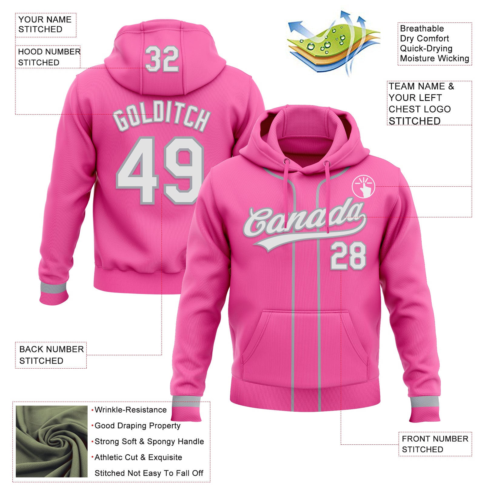 Custom Stitched Pink White-Gray Baseball Pullover Sweatshirt Hoodie