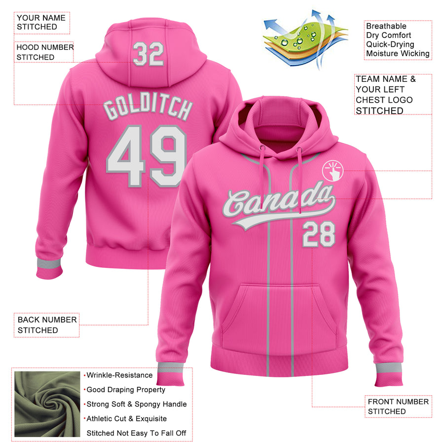Custom Stitched Pink White-Gray Baseball Pullover Sweatshirt Hoodie