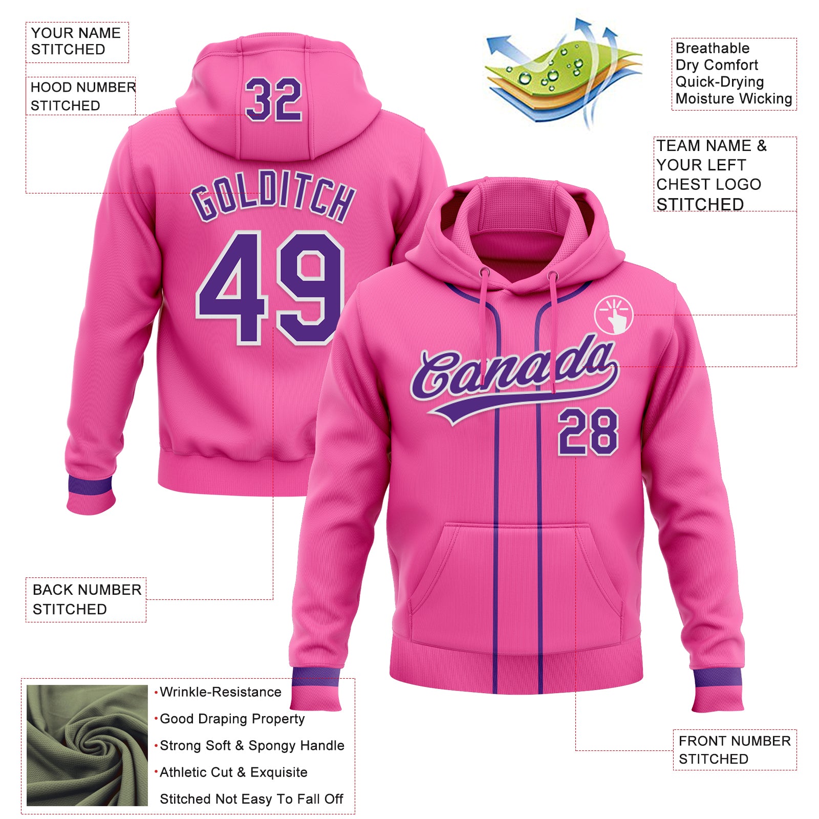 Custom Stitched Pink Purple-White Baseball Pullover Sweatshirt Hoodie