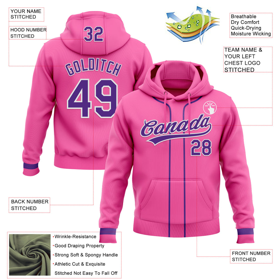 Custom Stitched Pink Purple-White Baseball Pullover Sweatshirt Hoodie
