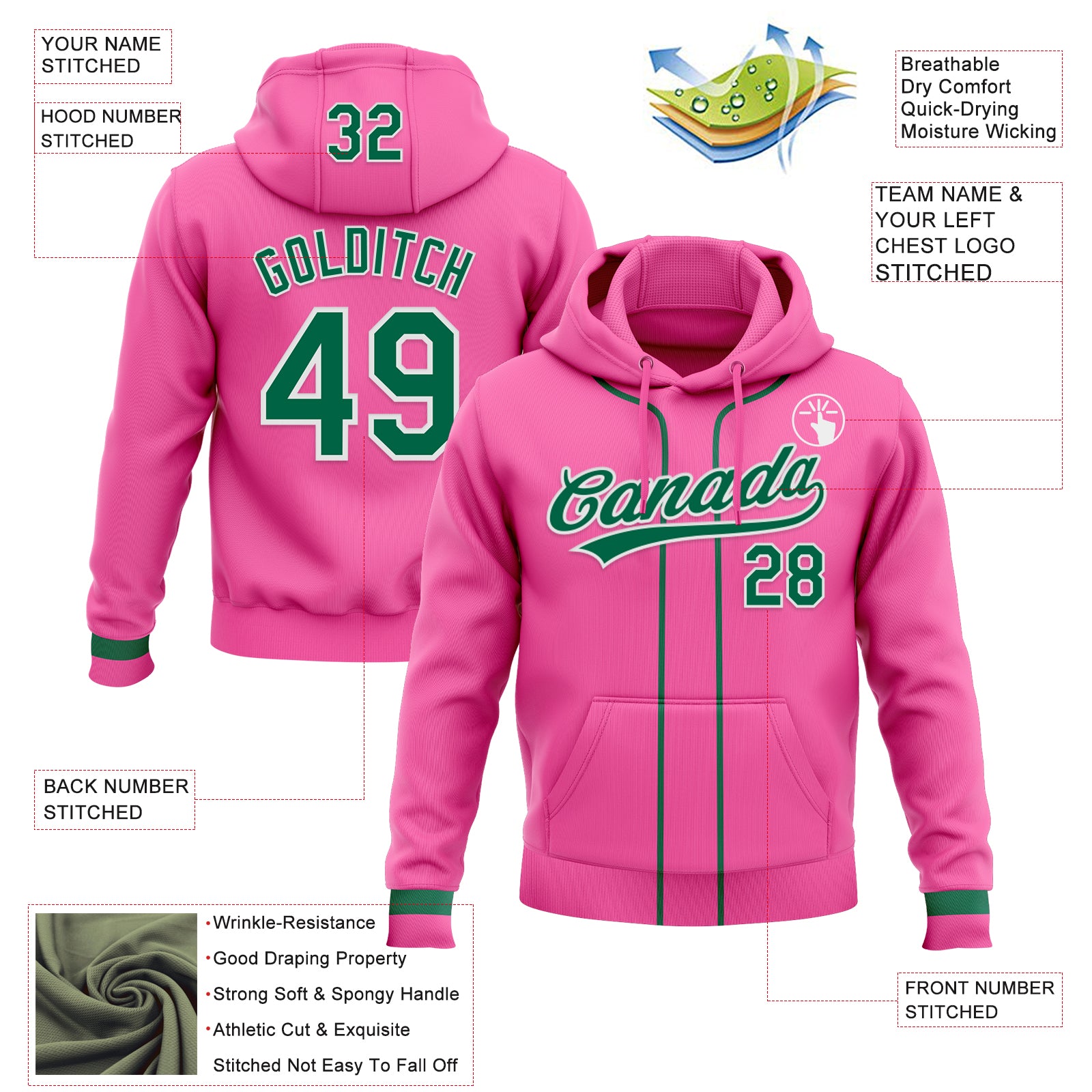 Custom Stitched Pink Kelly Green-White Baseball Pullover Sweatshirt Hoodie