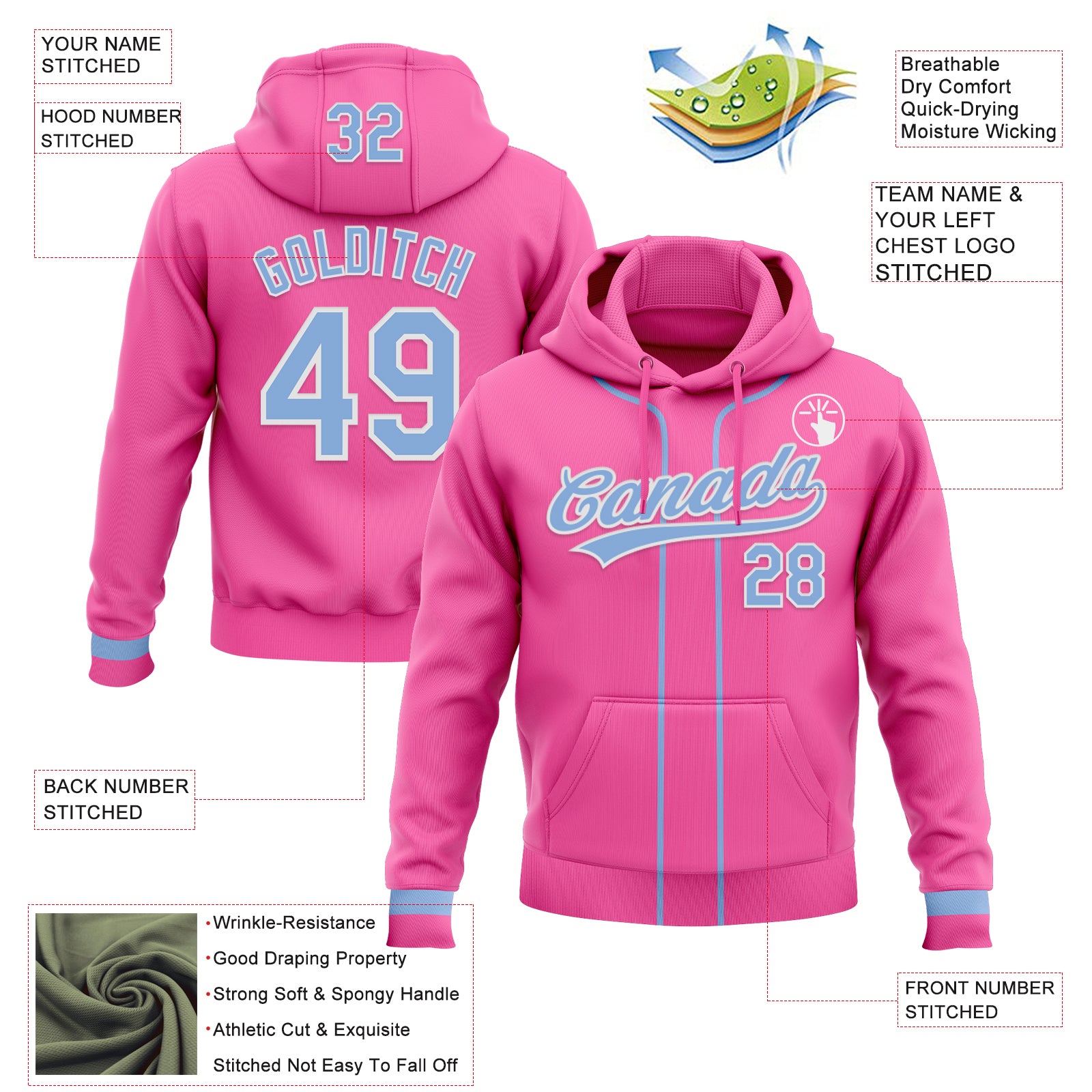 Custom Stitched Pink Light Blue-White Baseball Pullover Sweatshirt Hoodie
