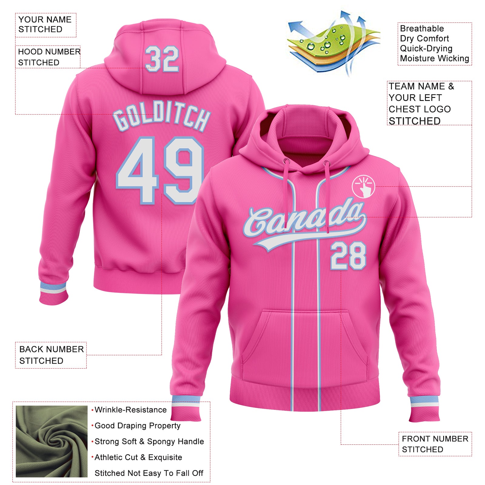 Custom Stitched Pink White-Light Blue Baseball Pullover Sweatshirt Hoodie