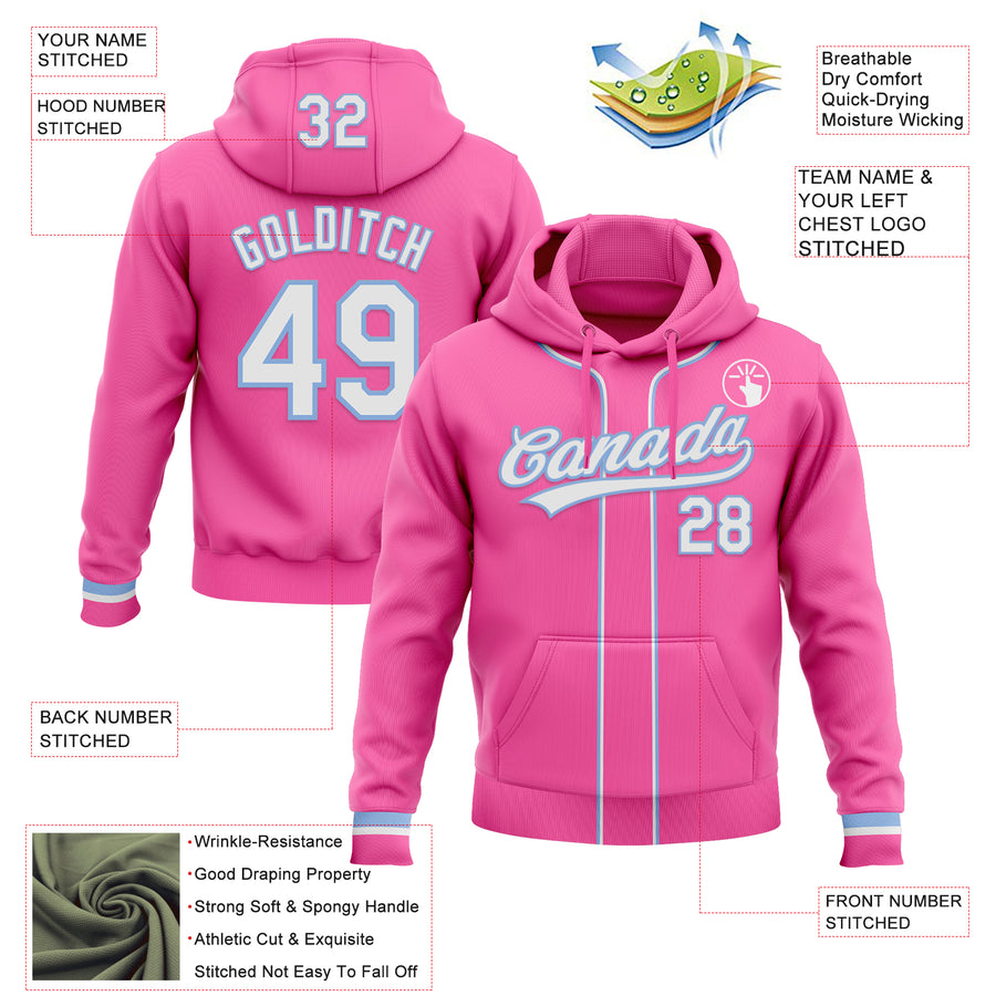 Custom Stitched Pink White-Light Blue Baseball Pullover Sweatshirt Hoodie