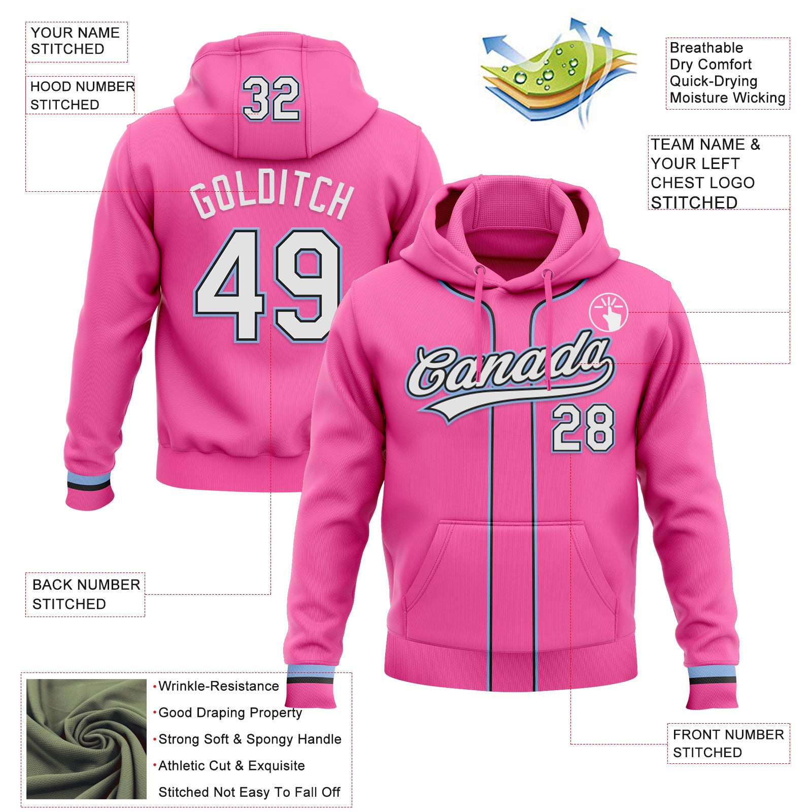Custom Stitched Pink White Light Blue-Black Baseball Pullover Sweatshirt Hoodie