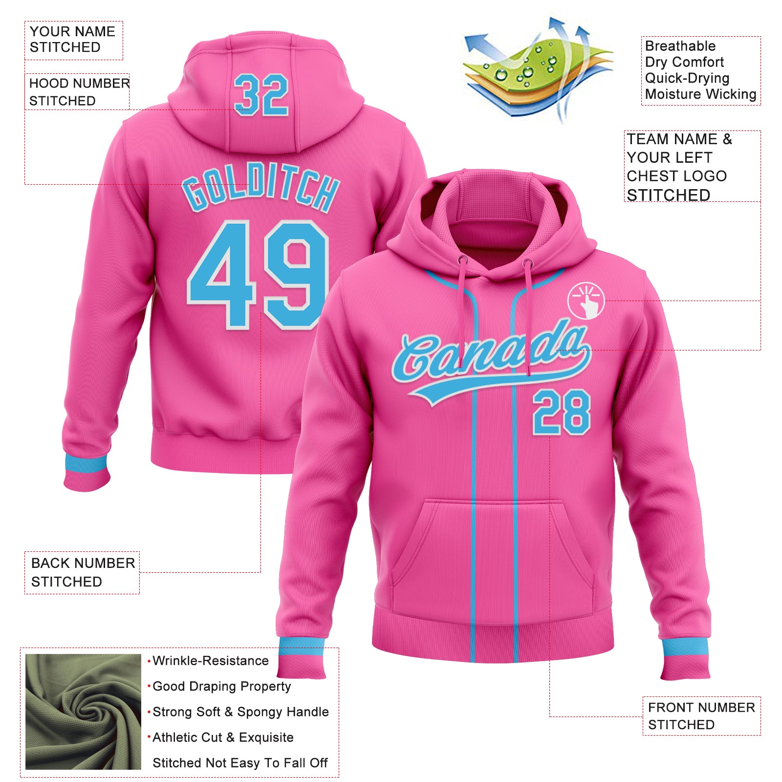 Custom Stitched Pink Sky Blue-White Baseball Pullover Sweatshirt Hoodie