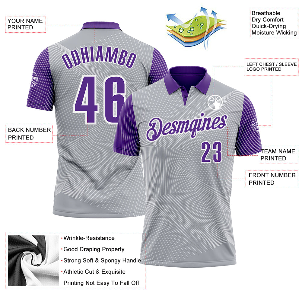 Custom Gray Purple-White 3D Bowling Line Performance Polo Shirt