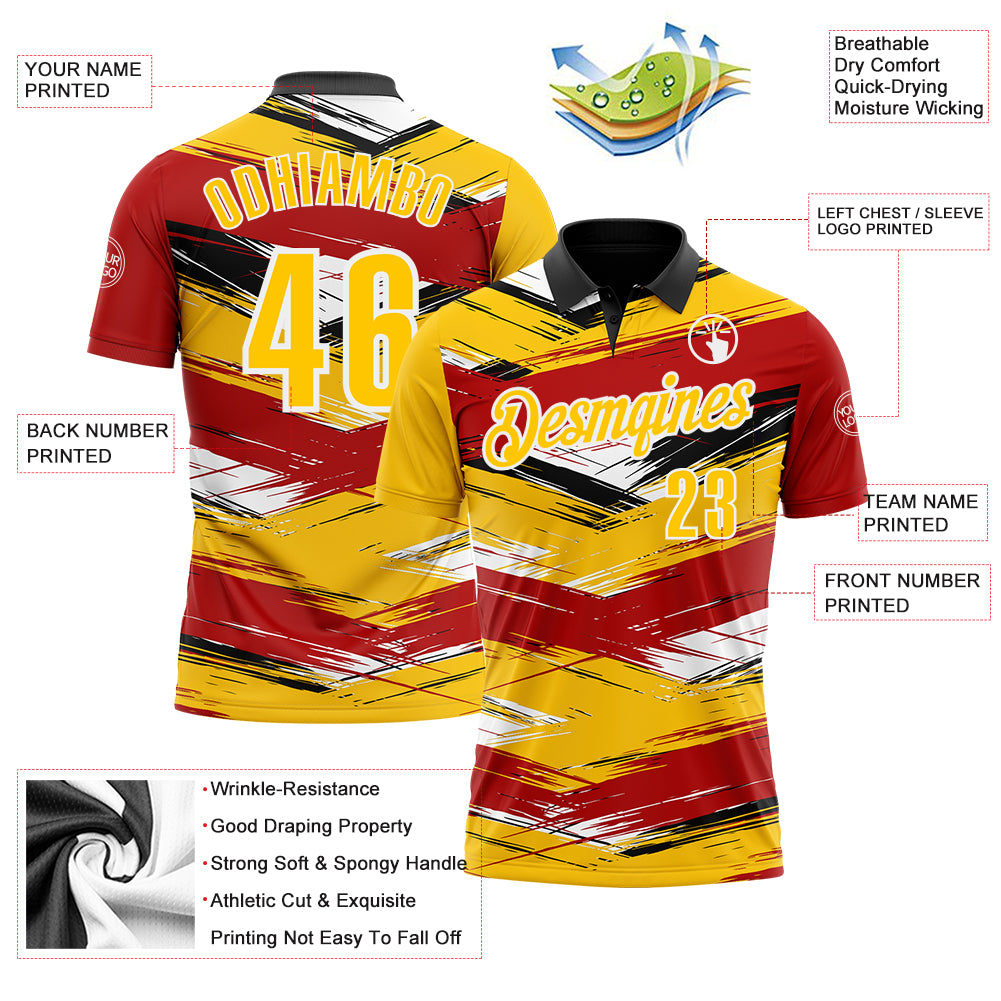 Custom Red Yellow-Black 3D Bowling Abstract Grunge Art Performance Polo Shirt