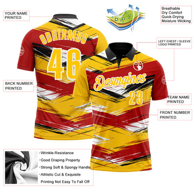 Custom Red Yellow-Black 3D Bowling Abstract Grunge Art Performance Polo Shirt