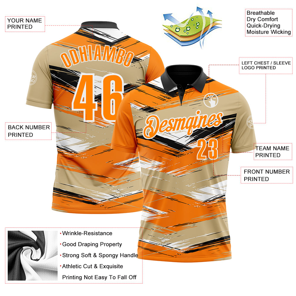 Custom Vegas Gold Bay Orange-Black 3D Bowling Abstract Grunge Art Performance Polo Shirt