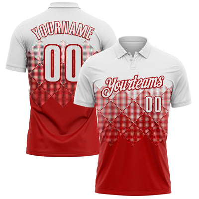 Custom White Red 3D Pattern Design Gradient Square Shape Performance Polo Shirt