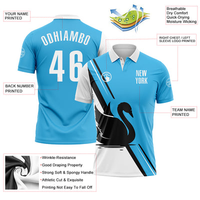Custom Sky Blue White-Black 3D Pattern Design Animal Swan Performance Polo Shirt