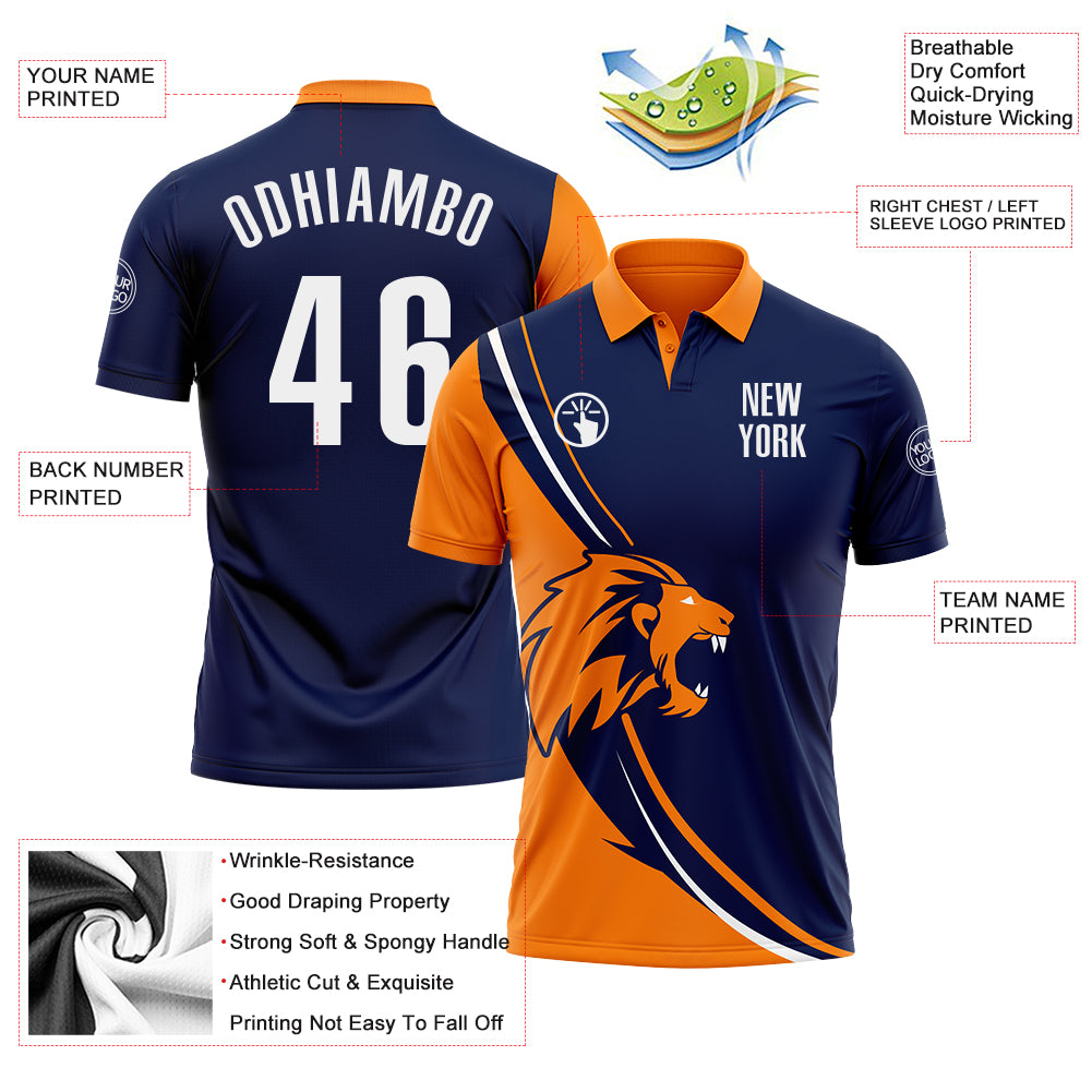 Custom Navy White-Bay Orange 3D Pattern Design Animal Lion Performance Polo Shirt