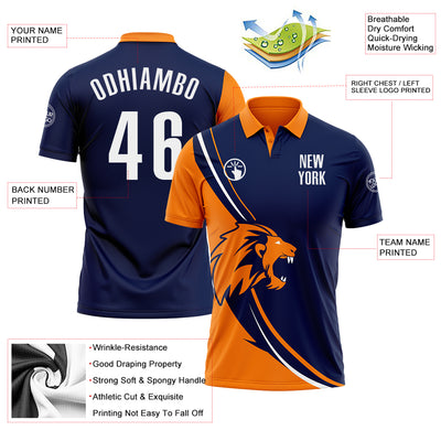 Custom Navy White-Bay Orange 3D Pattern Design Animal Lion Performance Polo Shirt