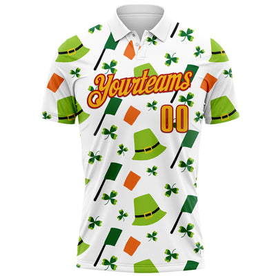 Custom White Gold-Red 3D St. Patrick's Day Shamrock Performance Polo Shirt